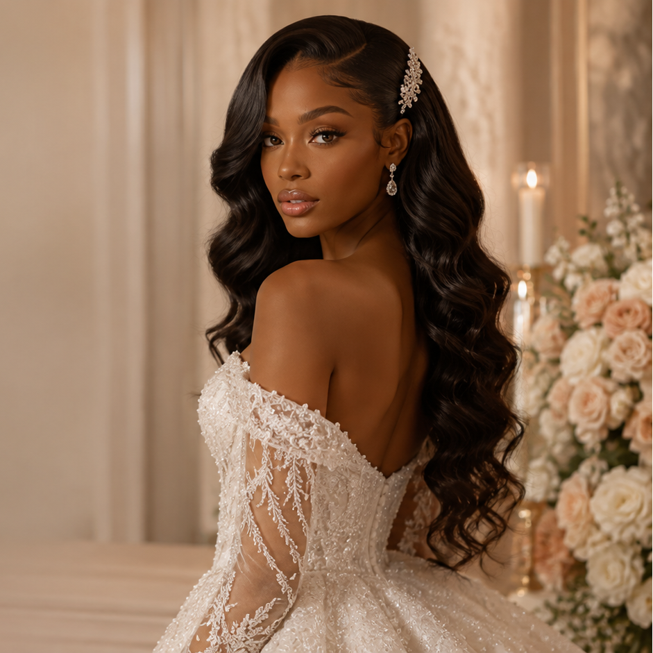 A woman in a white off-the-shoulder lace wedding gown with long curled hair and a jeweled headpiece, posed indoors beside a bouquet of pale pink and white flowers.