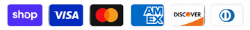 Logos of various payment methods including Shop, Visa, Mastercard, AMEX, Discover, and Diners Club on a black background.